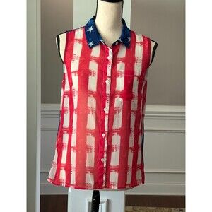 Jessica Simpson Shear Red/White and Blue Patriotic Sleeveless Blouse Sz M